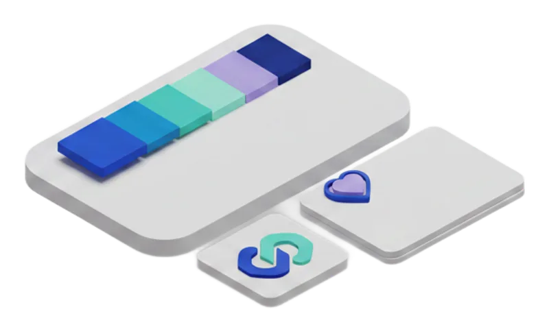 Isometric brand kit tile with colour swatches, a logo mark and blank post mockups