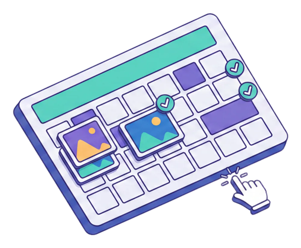 Isometric content calendar with post cards pinned to day slots and a cursor dragging one into place