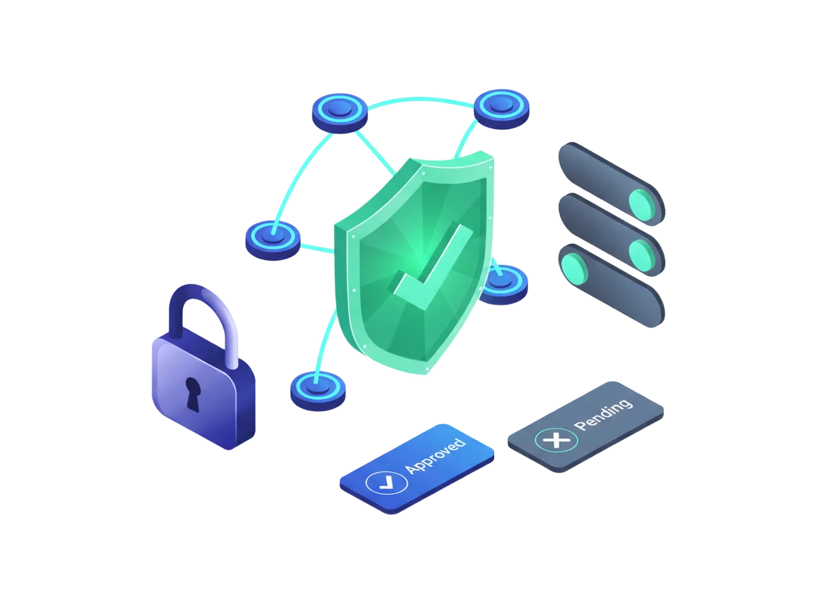 Isometric 3D security shield with OAuth connectors, permission locks and privacy controls