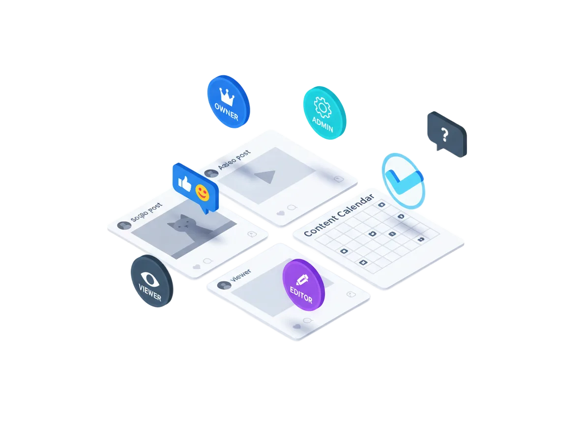 Isometric illustration of team members collaborating with role badges, post approvals, and shared calendar