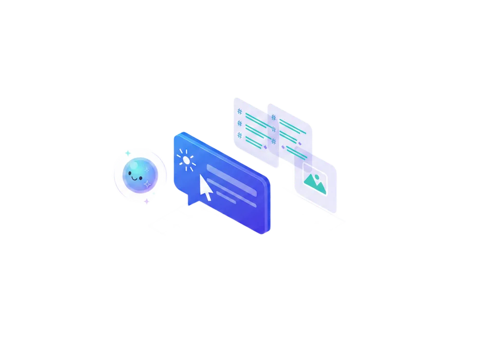Isometric prompt card with a sparkle orb, fanning out into three drafted post cards